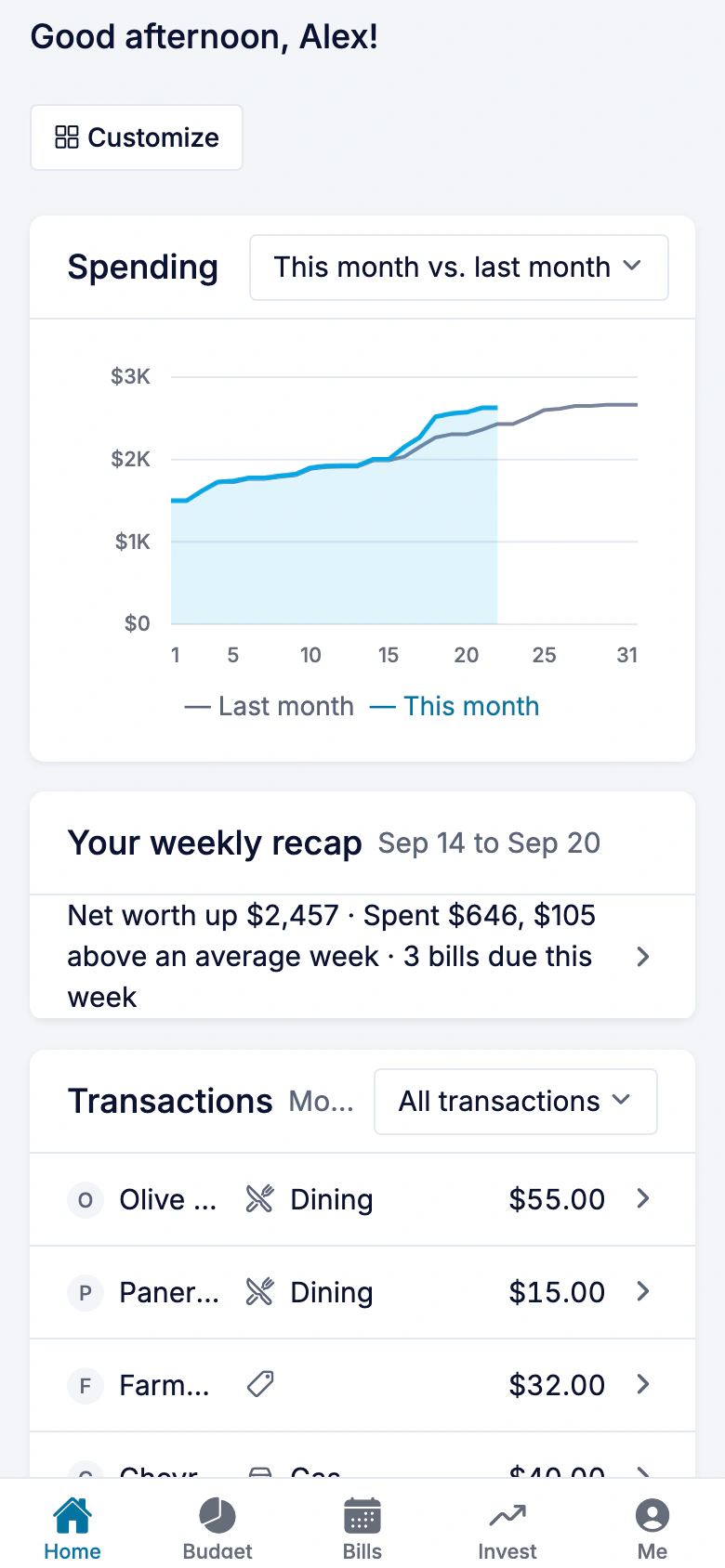 Ledger on a phone, showing the Dashboard on invented demo data
